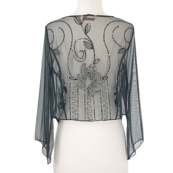 Soft Surroundings Beaded Embellished Open Front Mesh Shear cardigan Shrug Green - Picture 3 of 6